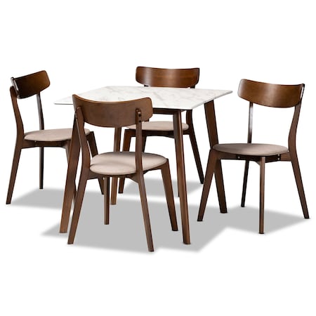 Baxton Studio Reba Mid-Century Light Beige Fabric and Walnut Brown Finished Wood 5-PC Dining Set 180-10813-11082-Zoro
